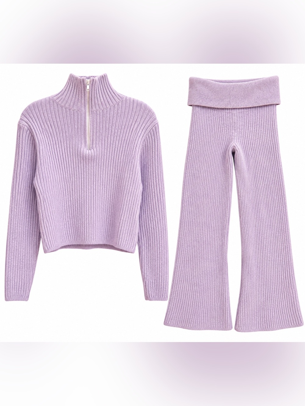 aerie Lilac Ribbed Half-Zip Sweater & Flare Pant Set XL